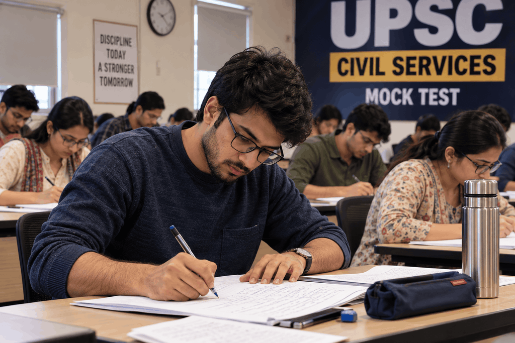 A student watching a free UPSC lecture on a laptop with notes beside them